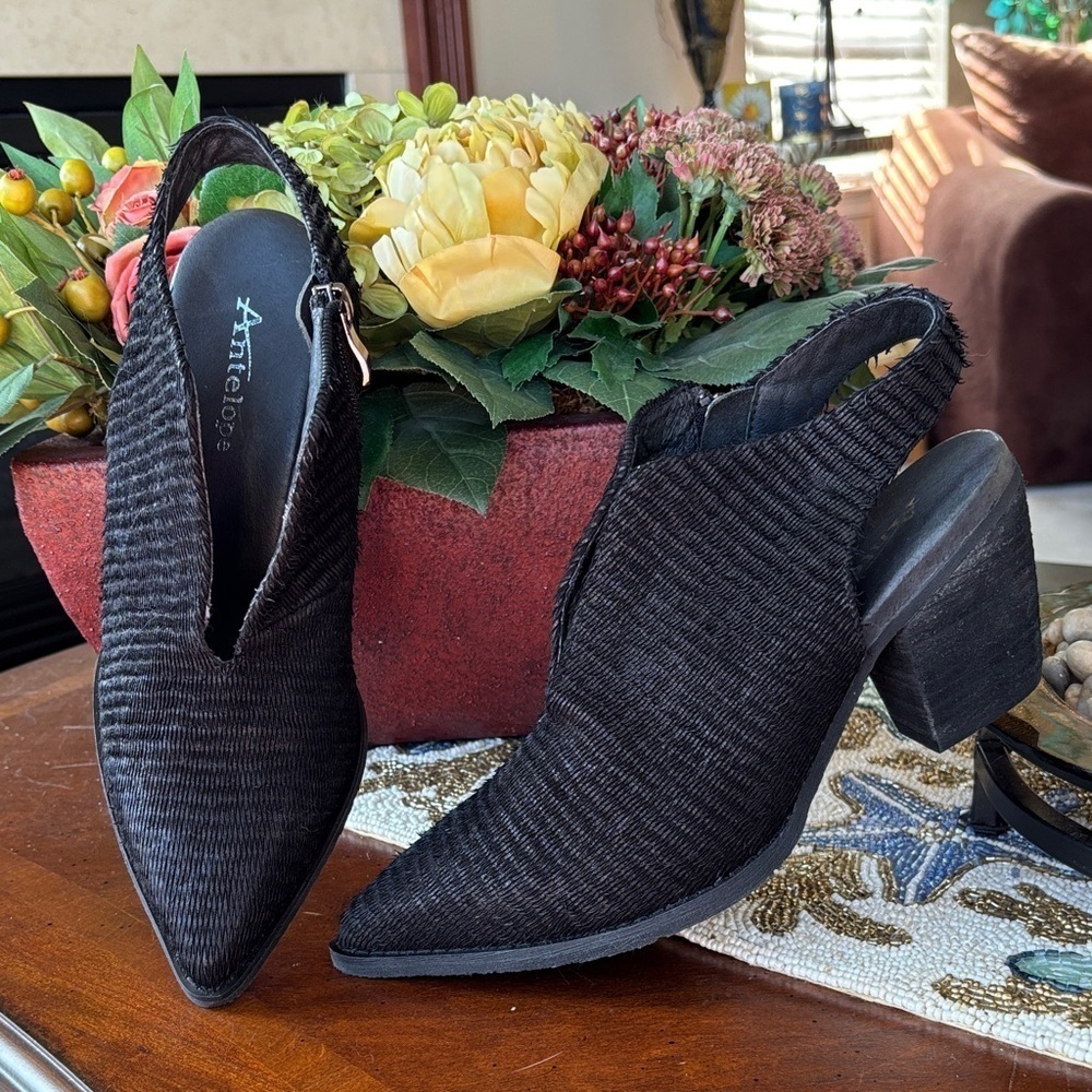 Brand New Antelope Black Textured HELA Leather Heeled Mule Slingback Booties